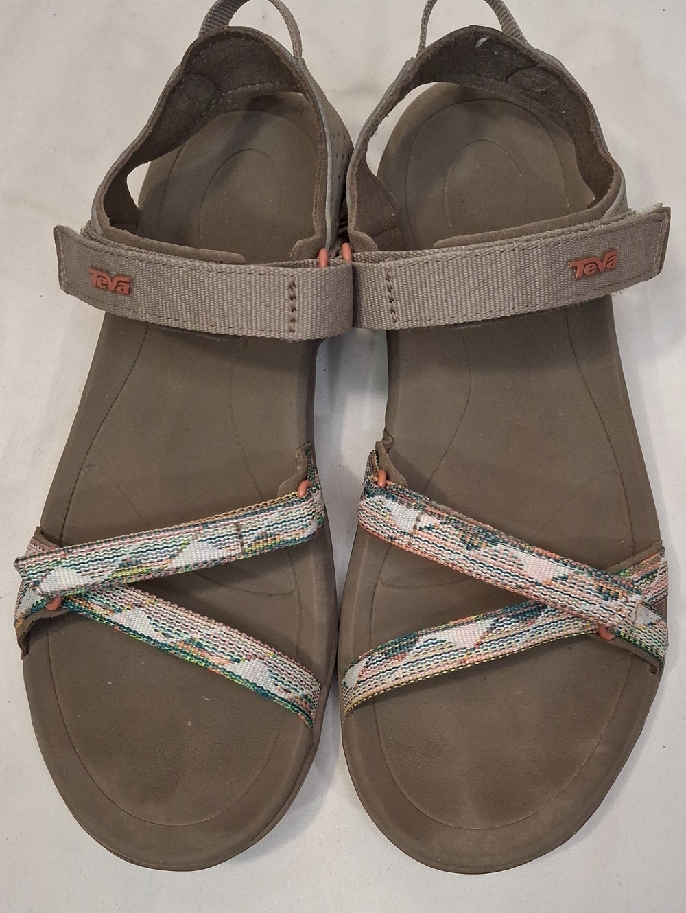 Teva Women's Taupe Sandals with Multicolor Adjustable Patterned Straps.